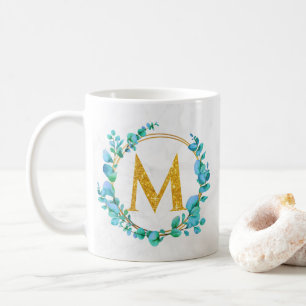 Eucalyptus Gold Greenery Personalise Monogram A-Z Coffee Mug