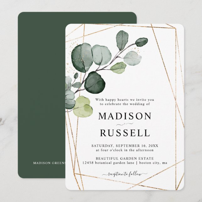 Eucalyptus Gold Greenery Wedding Invitation (Front/Back)