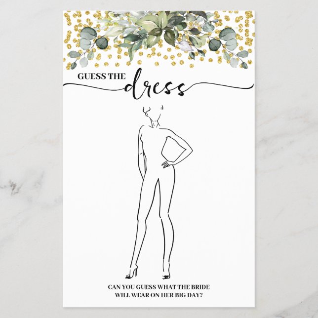 Eucalyptus Gold Guess the Dress Shower Game Card (Front)