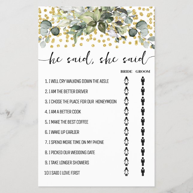 Eucalyptus Gold He Said She Said Shower Game Card  (Front)