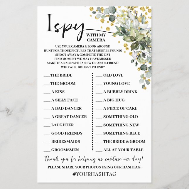 Eucalyptus Gold I Spy Wedding Reception Game Card (Front)