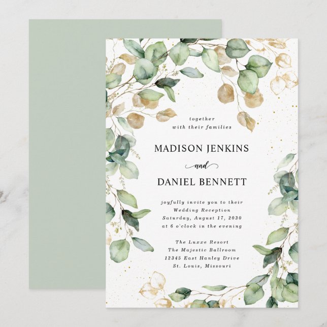 Eucalyptus Gold Leaves Wedding Invitation (Front/Back)