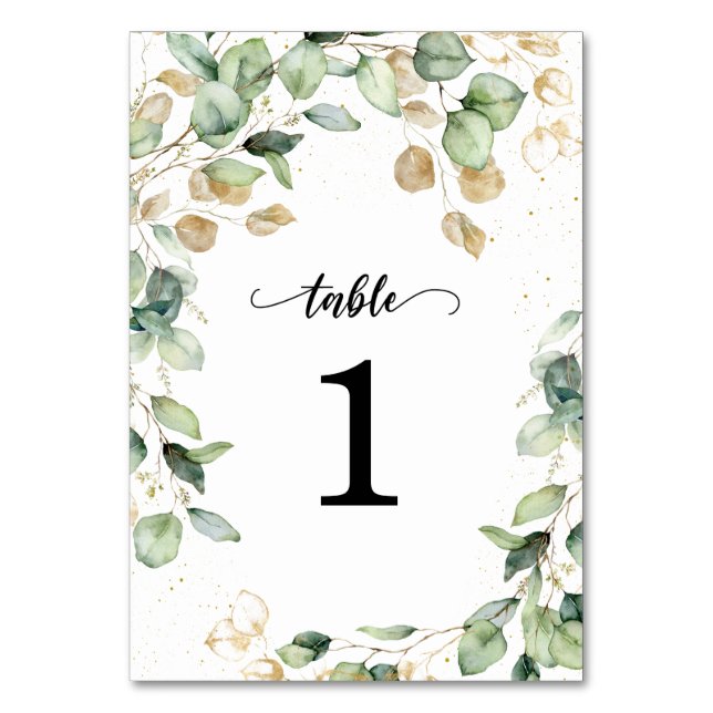 Eucalyptus Gold Leaves Wedding Table Number (Front)