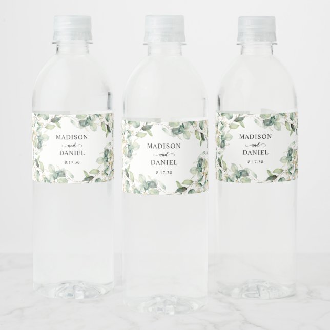 Eucalyptus Gold Leaves Wedding Water Bottle Label (Bottles)