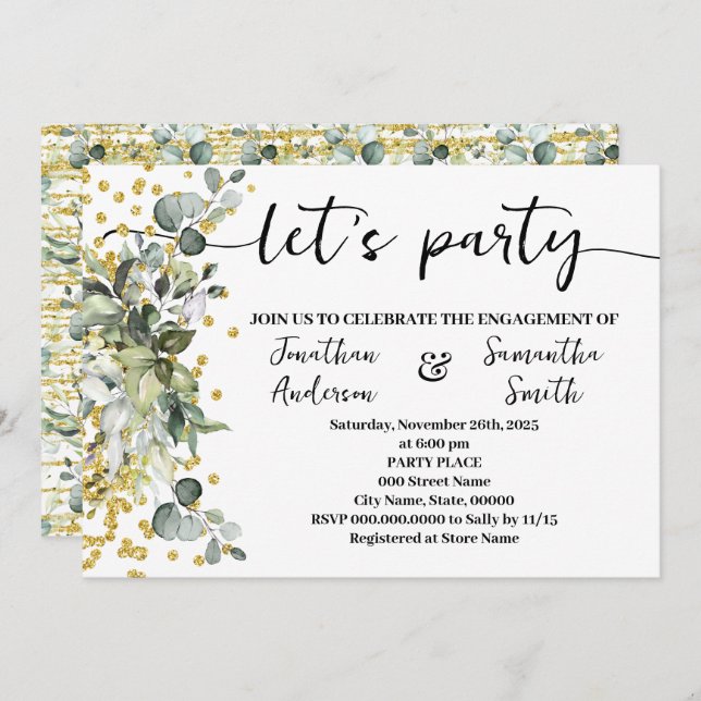 Eucalyptus Gold Let's Party Engagement Invitation (Front/Back)