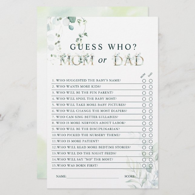 Eucalyptus Gold Letter Mum or Dad Baby Shower Game (Front/Back)