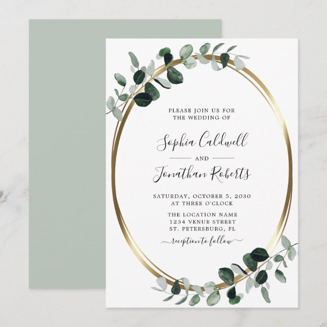 Eucalyptus Gold Metallic Sage Elegant Wedding Invitation (Front/Back)