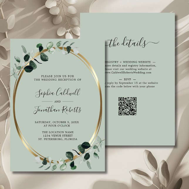 Eucalyptus Gold Metallic Sage Wedding Reception Invitation (Eucalyptus Gold Sage QR Code Wedding Reception Invitation)