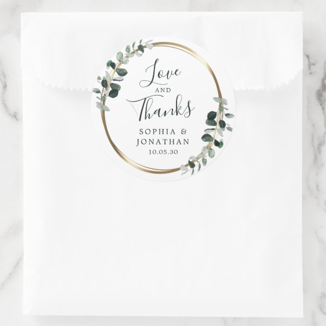 Eucalyptus Gold Metallic Wedding Favour Thank You Classic Round Sticker (Bag)