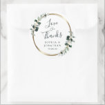 Eucalyptus Gold Metallic Wedding Favour Thank You Classic Round Sticker<br><div class="desc">Eucalyptus Gold Metallic Wedding Favour Thank You Sticker... Our luxe botanical wedding thank you sticker features a faux gold metallic frame embellished with sage and emerald-hued eucalyptus leaves over a crisp white background. The text "Love and Thanks" is written in elegant script and serif typography, with the bride and groom...</div>