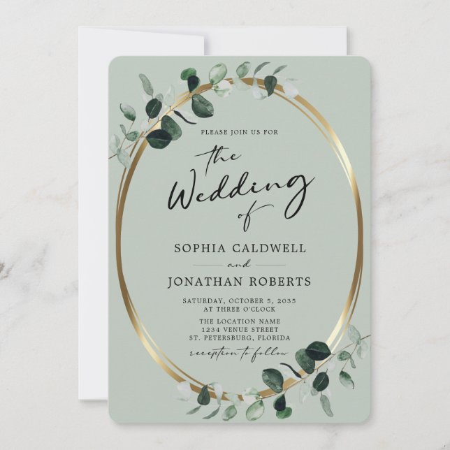 Eucalyptus Gold Modern Calligraphy Sage Wedding Invitation (Front)