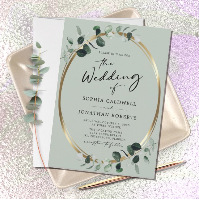 Eucalyptus Gold Modern Calligraphy Sage Wedding Invitation (Creator Uploaded)
