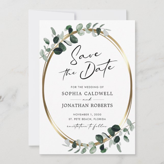 Eucalyptus Gold Modern Calligraphy Wedding Save The Date (Front)