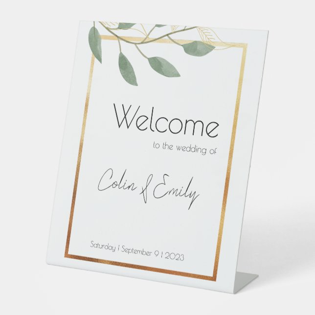 Eucalyptus & Gold Modern Elegance Welcome Wedding Pedestal Sign (Front)