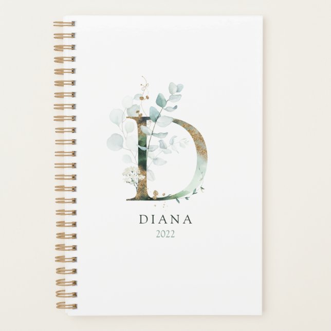 Eucalyptus Gold Monogram Initial D Floral Greenery Planner (Front)