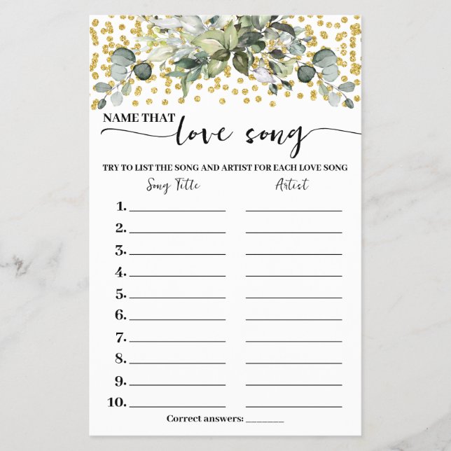 Eucalyptus Gold Name Love Song Shower Game Card (Front)