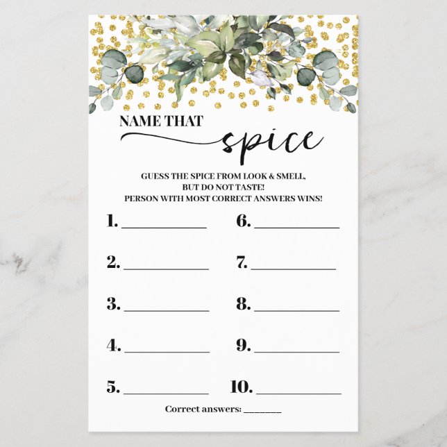 Eucalyptus Gold Name that Spice Shower Game Card (Front)