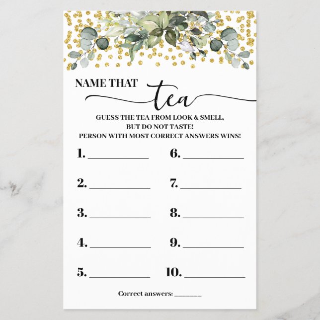 Eucalyptus Gold Name that Tea Shower Game Card (Front)