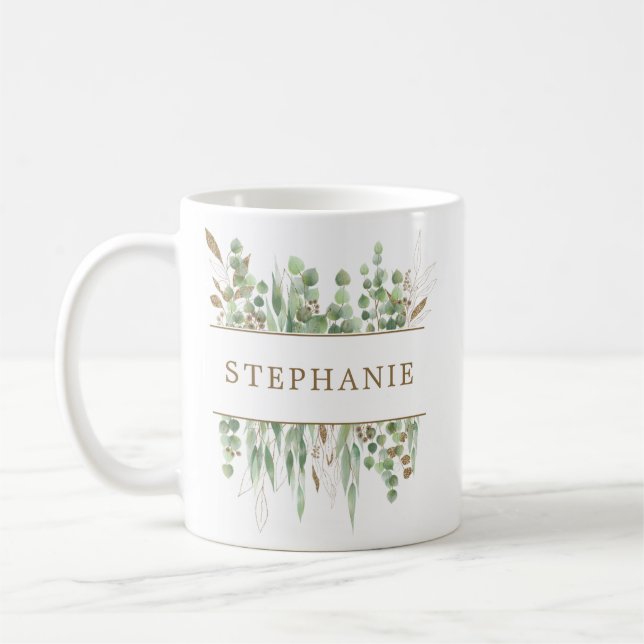 Eucalyptus Gold Personalised Bridesmaid Gifts Coffee Mug (Left)