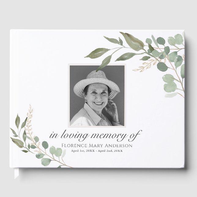 Eucalyptus Gold Photo Memorial Funeral Guest Book (Front)