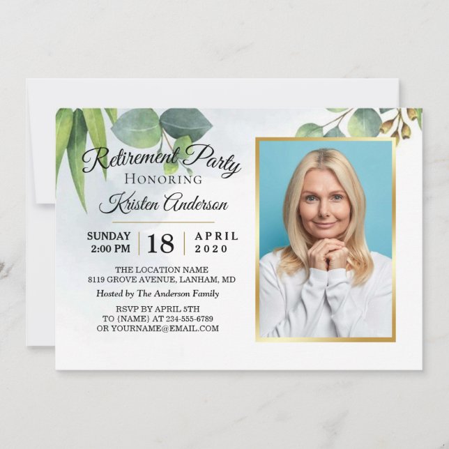 Eucalyptus Gold Photo Retirement Party Invitation (Front)