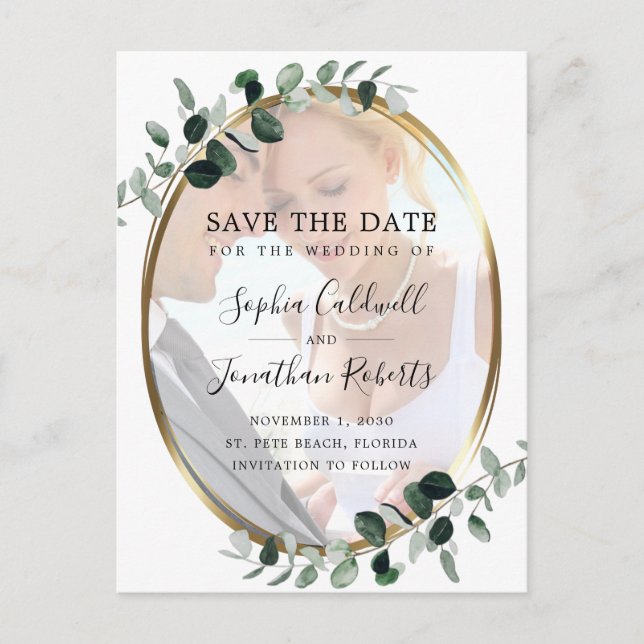 Eucalyptus Gold Photo Wedding Save the Date Announcement Postcard (Front)
