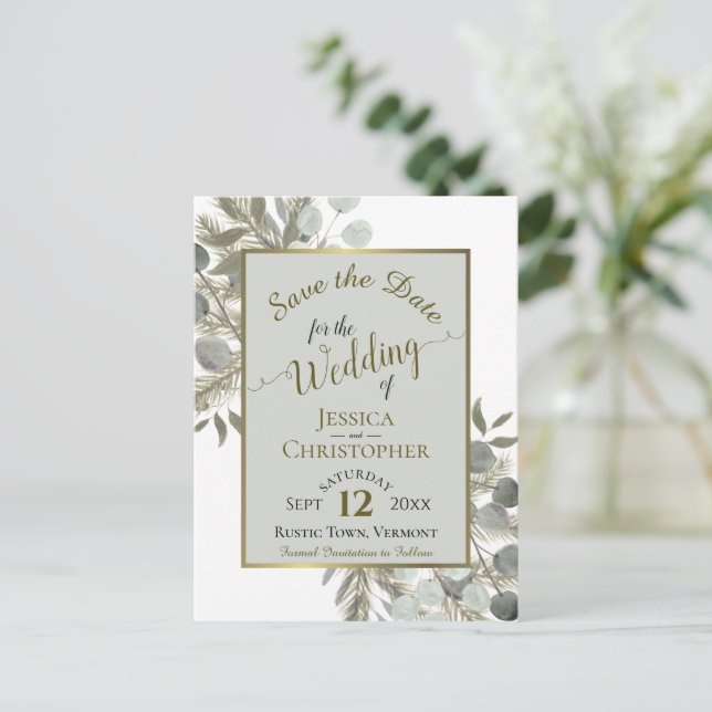 Eucalyptus & Gold Pine Grey Wedding Save the Date Announcement Postcard (Standing Front)