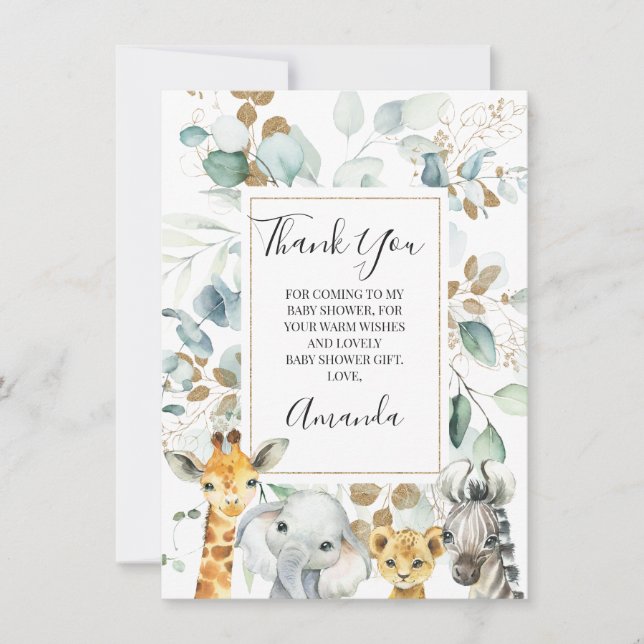 Eucalyptus Gold Safari Animals Baby Shower Card (Front)