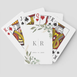 Eucalyptus Gold Sage Green Monogram Wedding Playing Cards