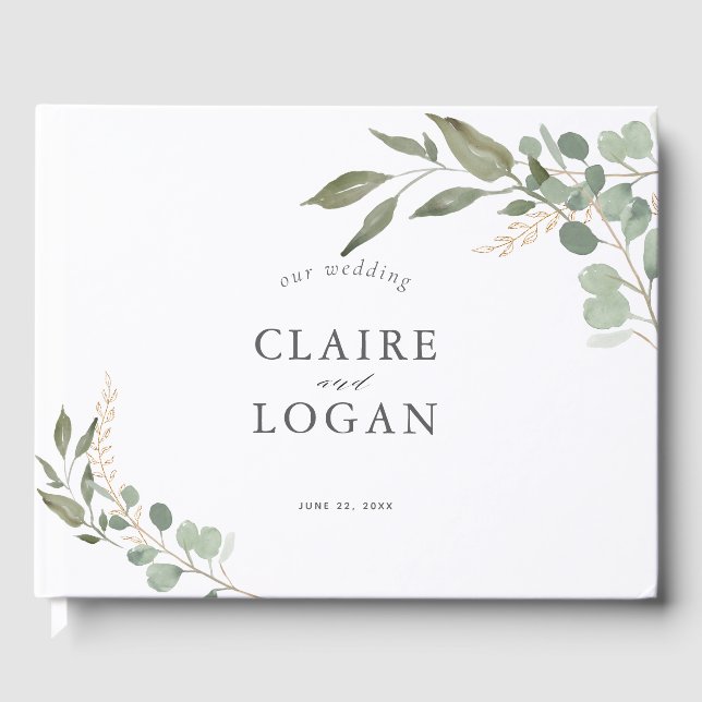 Eucalyptus Gold Sage Green Wedding Guest Book (Front)