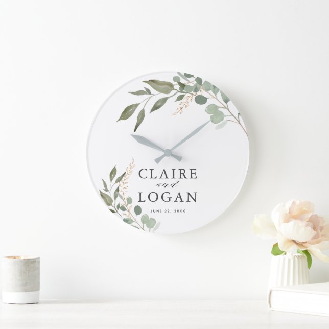 Eucalyptus Gold Sage Green Wedding Large Clock (Home)