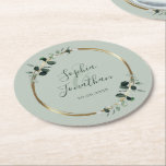Eucalyptus Gold Sage Personalised Wedding Round Paper Coaster<br><div class="desc">Eucalyptus Greenery Gold Sage Personalised Wedding Paper Coaster... Our botanical wedding paper coasters feature the names of the bride and groom and the wedding date inside a gold frame embellished with emerald-hued eucalyptus leaves on a beautiful light sage green background. All text can be easily revised on the personalisation template....</div>