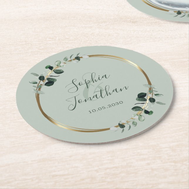 Eucalyptus Gold Sage Personalised Wedding Round Paper Coaster (Angled)