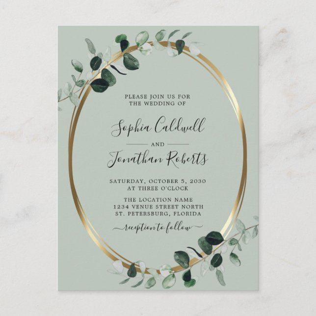 Eucalyptus Gold Sage QR Code RSVP Wedding Invitation Postcard (Front)