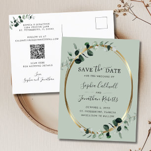 Eucalyptus Gold Sage QR Code Save the Date Announcement Postcard