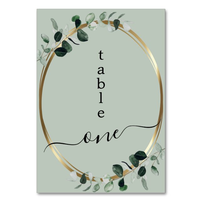 Eucalyptus Gold Sage Romantic Calligraphy Wedding Table Number (Front)