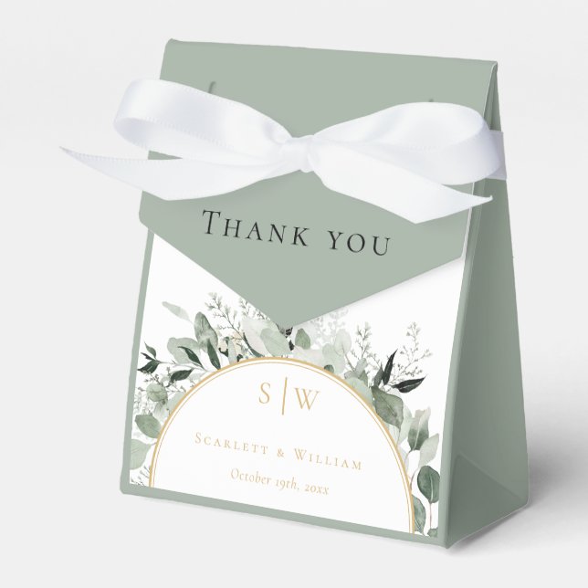 Eucalyptus Gold Sage Wedding Thank You Monogram Favour Box (Front Side)