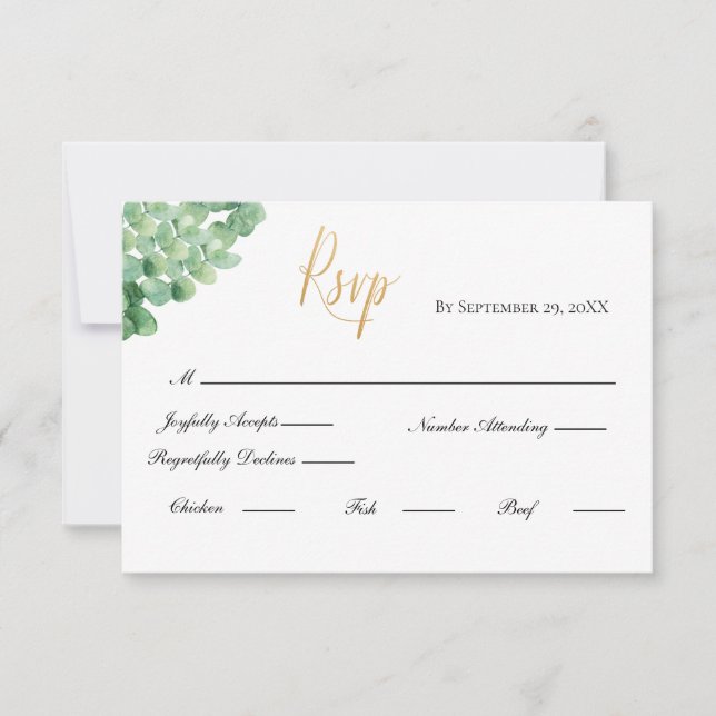 Eucalyptus Gold Script Formal Elegant Wedding RSVP Card (Front)