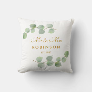 Eucalyptus Gold Script Mr and Mrs Wedding Gift Cushion