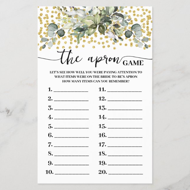 Eucalyptus Gold The Apron Bridal Shower Game Card (Front)