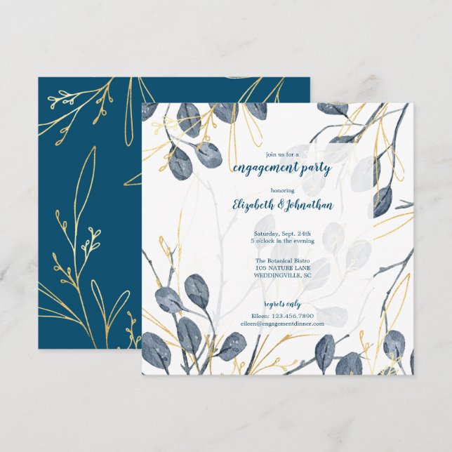 Eucalyptus Gold Watercolor Garden Engagement Party Invitation (Front/Back)