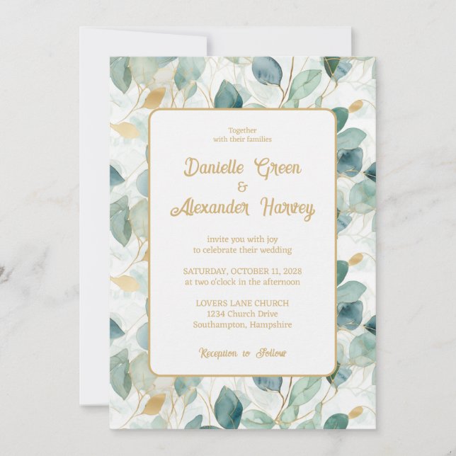 Eucalyptus Gold Watercolour Wedding Invitation (Front)