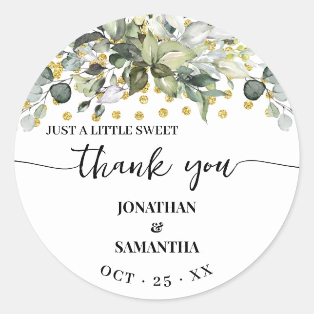 Eucalyptus Gold Wedding A Sweet Thank You Classic Round Sticker (Front)