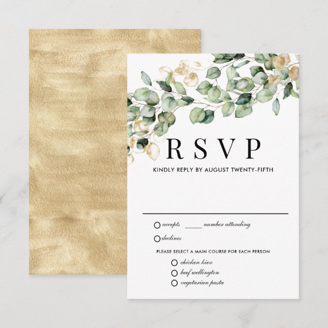 Eucalyptus Gold Wedding RSVP Card, Meal Options (Front/Back)