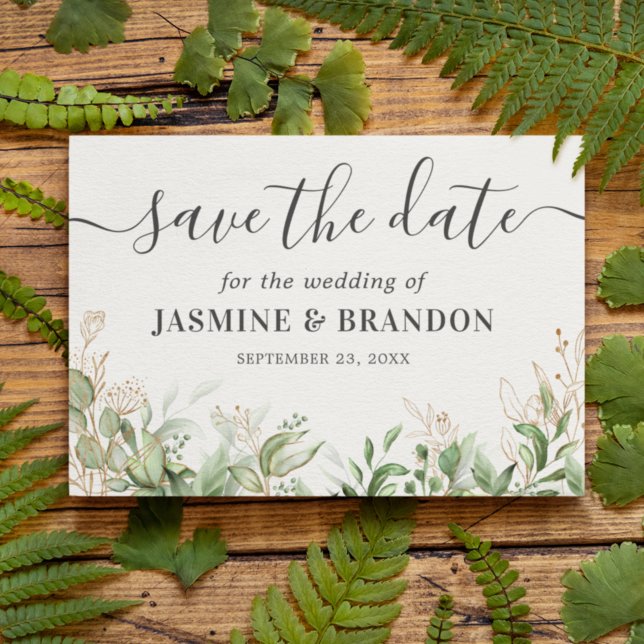 Eucalyptus Gold Wedding Save the Date Announcement Postcard (Creator Uploaded)