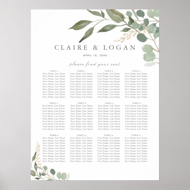 Eucalyptus Gold Wedding Seating Chart (Front)