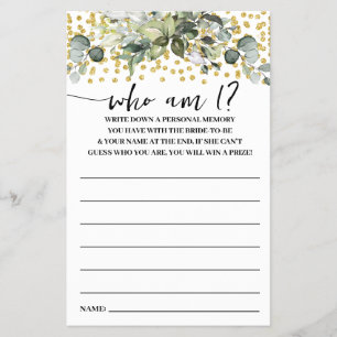 Eucalyptus Gold Who am I? Bridal Shower Game Card
