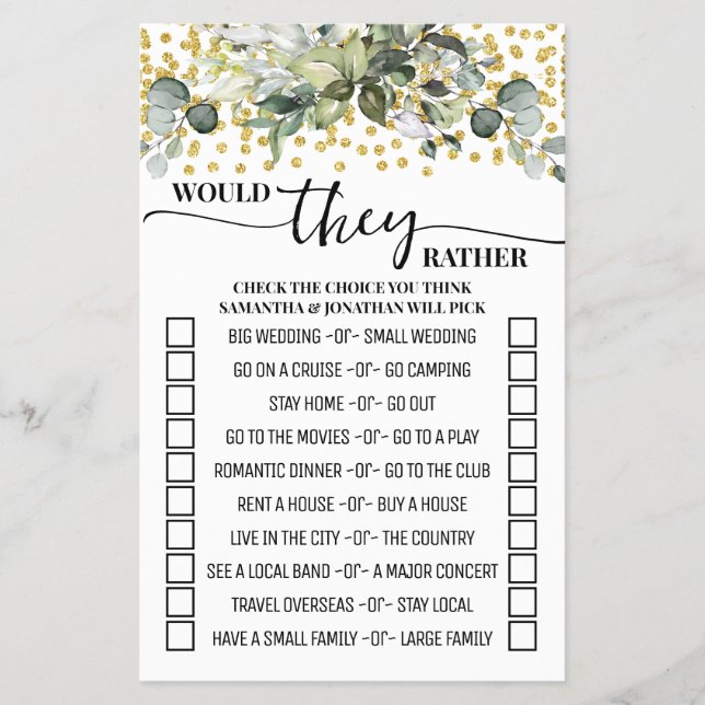 Eucalyptus Gold Would They Rather Shower Game Card (Front)