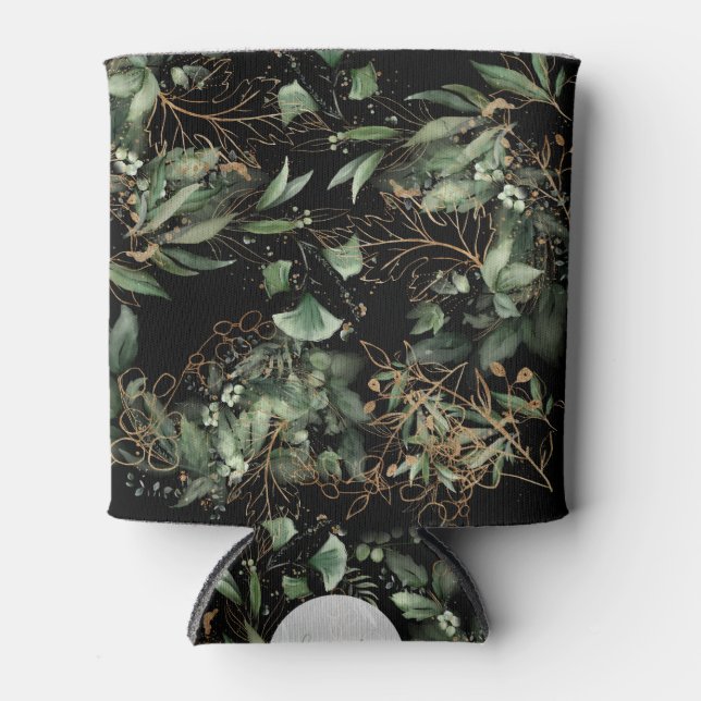 Eucalyptus Golden Boho Elegant Onyx Black Wedding Can Cooler (Front)