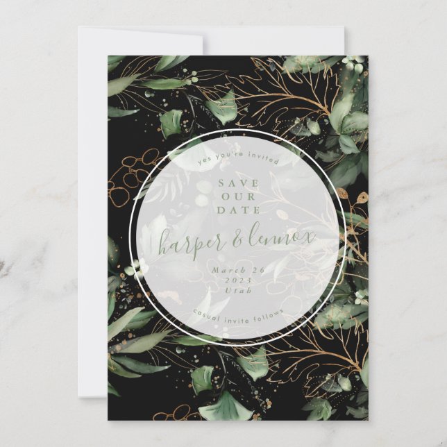 Eucalyptus Golden Boho Elegant Onyx Pampas Black S Save The Date (Front)